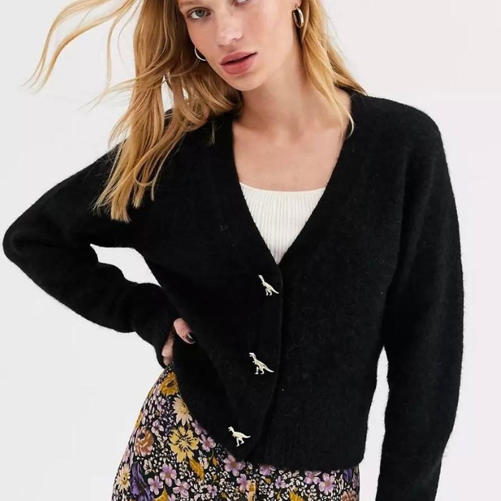 & OTHER STORIES: Dinosaur Button Alpaca/Wool Blend Crop Cardigan SZ.XS (BLACK)